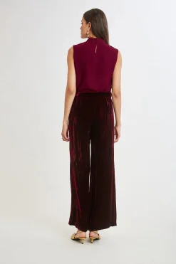 Elie Tahari Bottoms|Suiting-Plisse Velvet Fluid Pant BURGUNDY