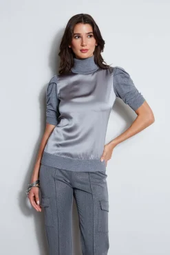 Elie Tahari Tops & Sweaters-Puff Sleeve Satin Front Sweater GREYMELANGE