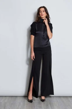 Elie Tahari Tops & Sweaters-Puff Sleeve Satin Front Sweater BLACK