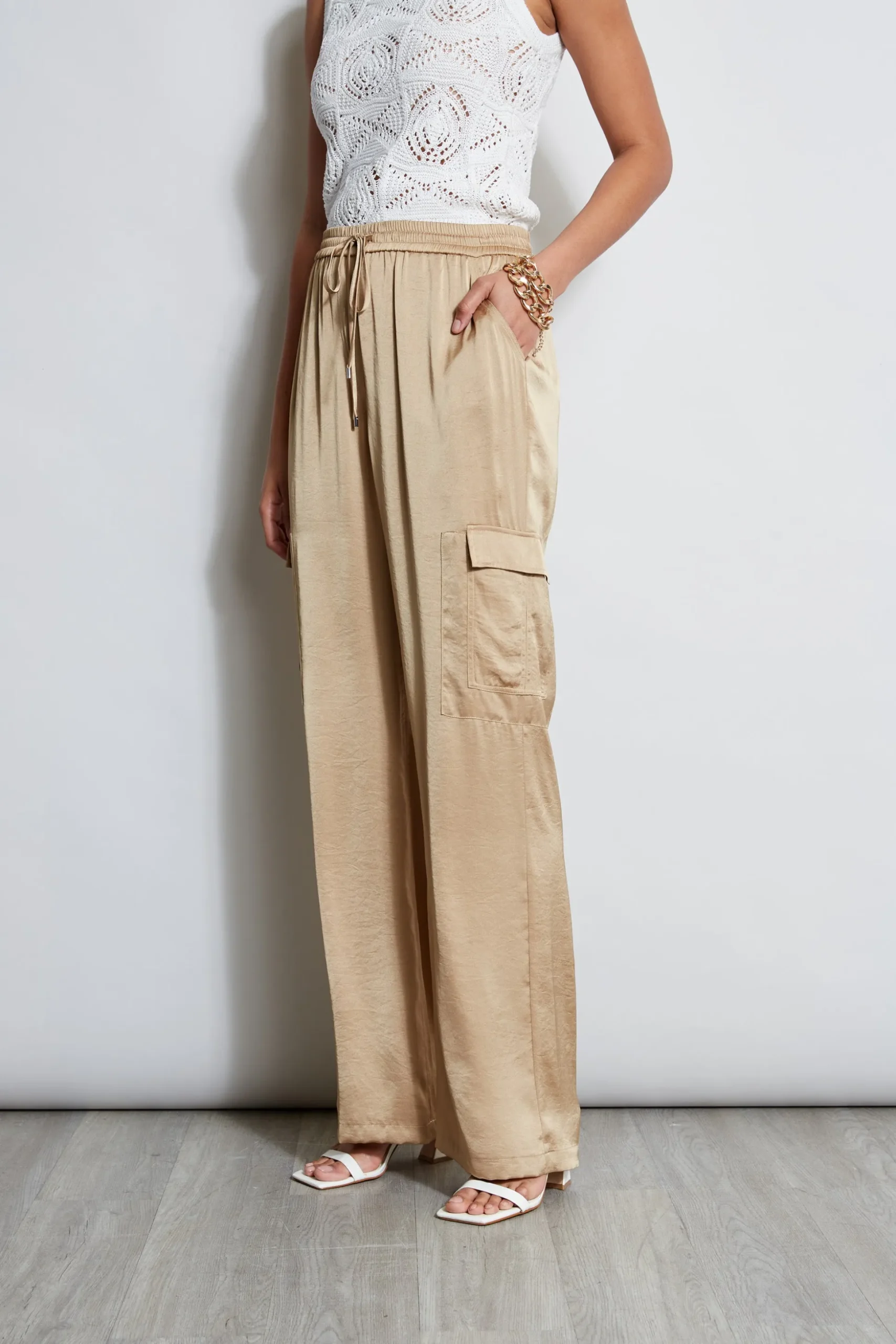 Elie Tahari Bottoms-Relaxed Satin Cargo Pant SANDCASTLE