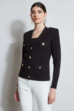 Elie Tahari Tops & Sweaters-Rib Button Sweater BLACK