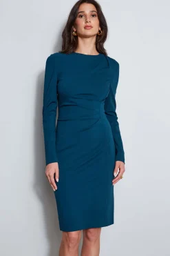 Elie Tahari Dresses & Jumpsuits|Long Sleeve Dresses-Ruched Long Sleeve Knit Dress OCEAN
