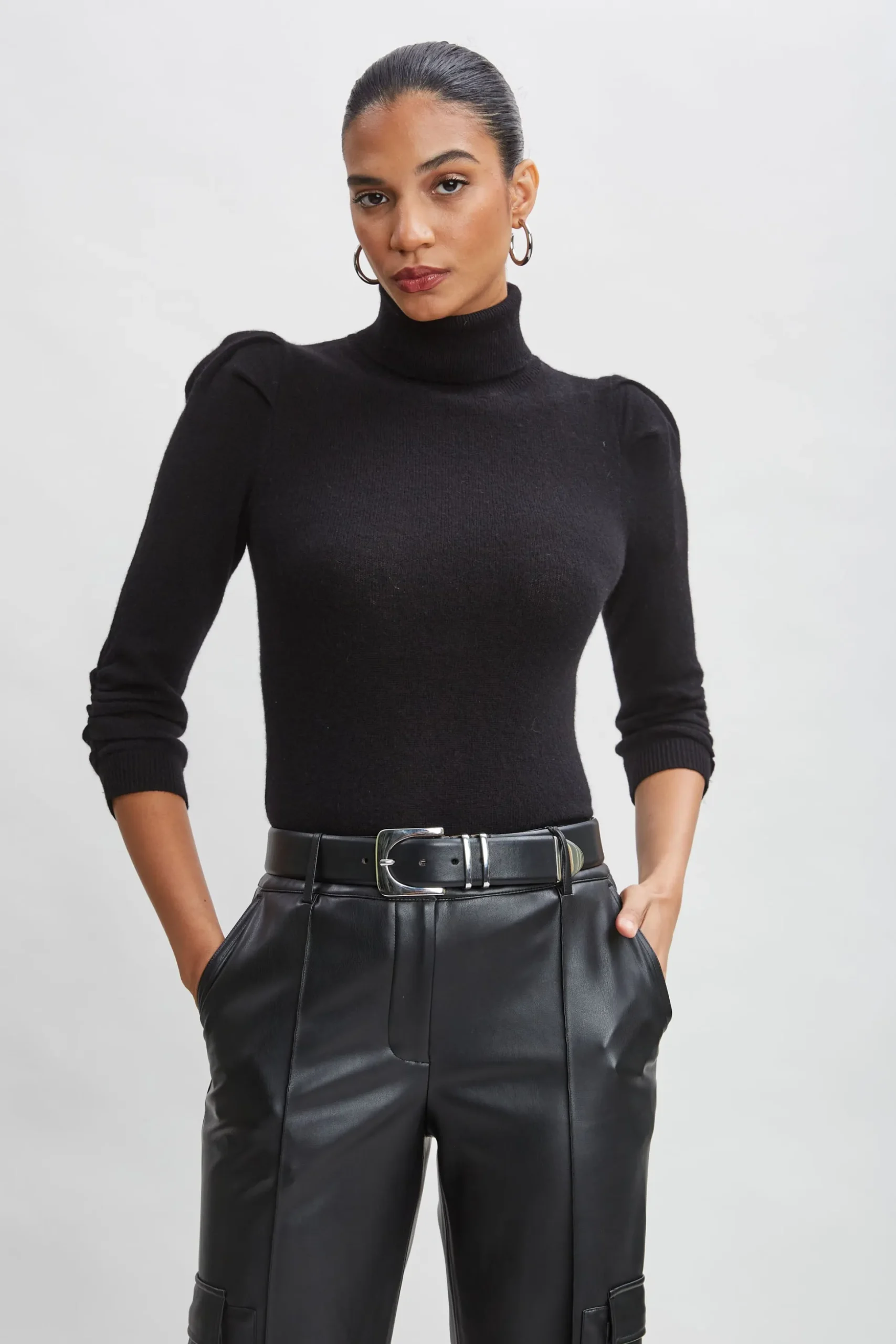 Elie Tahari Tops & Sweaters|Suiting-Ruched Sleeve Cashmere Wool Sweater BLACK