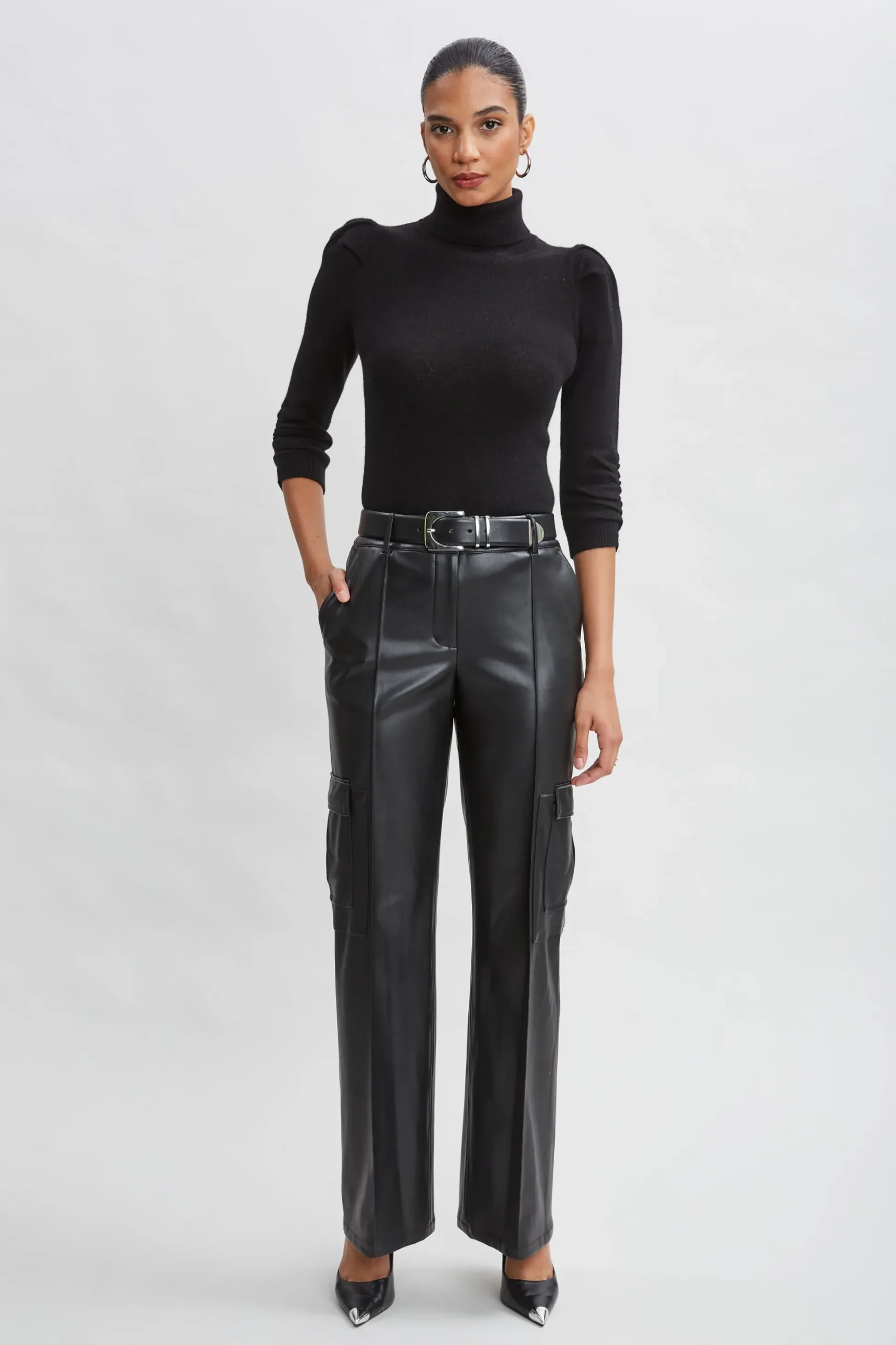Elie Tahari Tops & Sweaters|Suiting-Ruched Sleeve Cashmere Wool Sweater BLACK