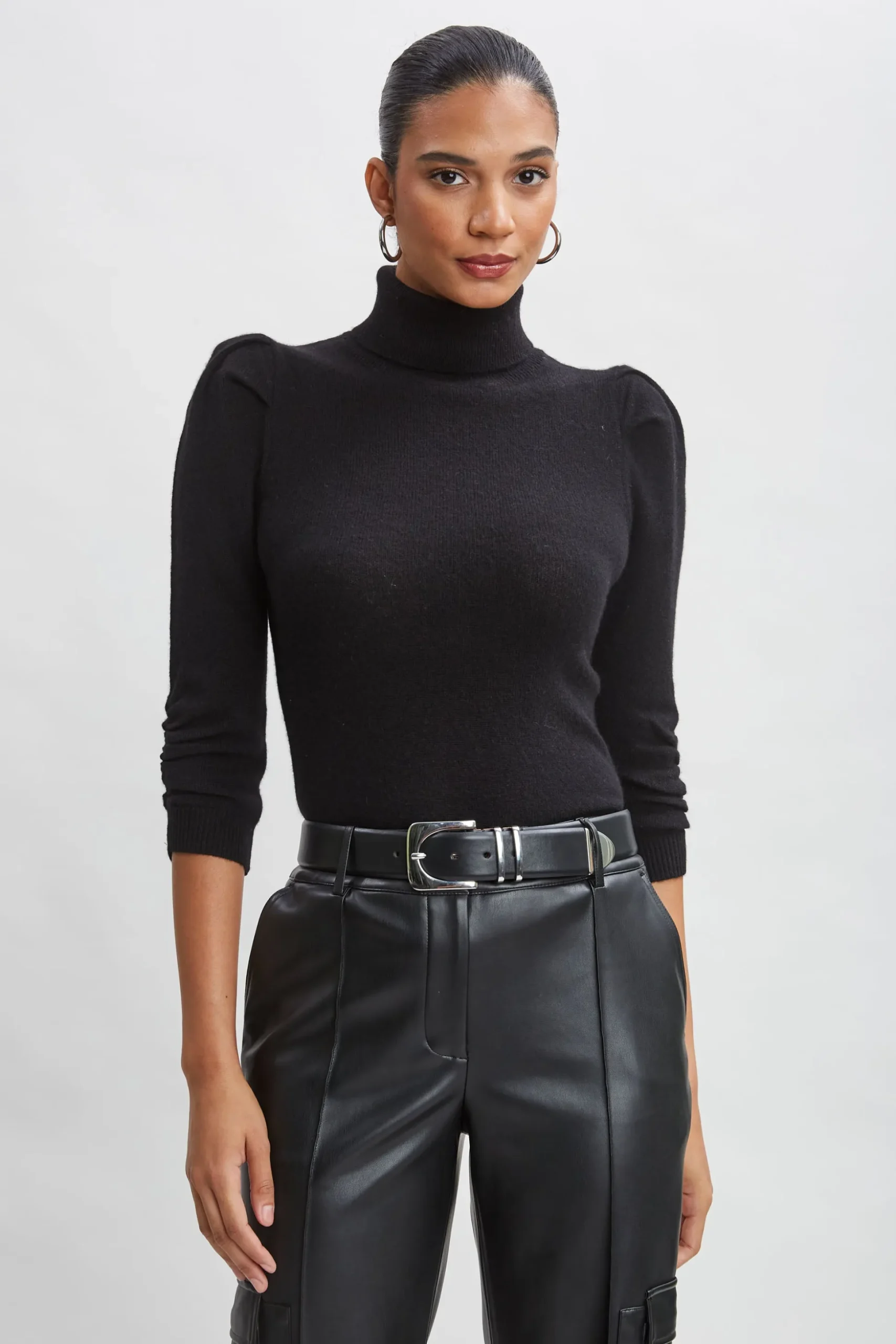 Elie Tahari Tops & Sweaters|Suiting-Ruched Sleeve Cashmere Wool Sweater BLACK