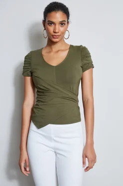 Elie Tahari Tops & Sweaters-Ruched Sleeve V-Neck Knit WILLOWGREEN