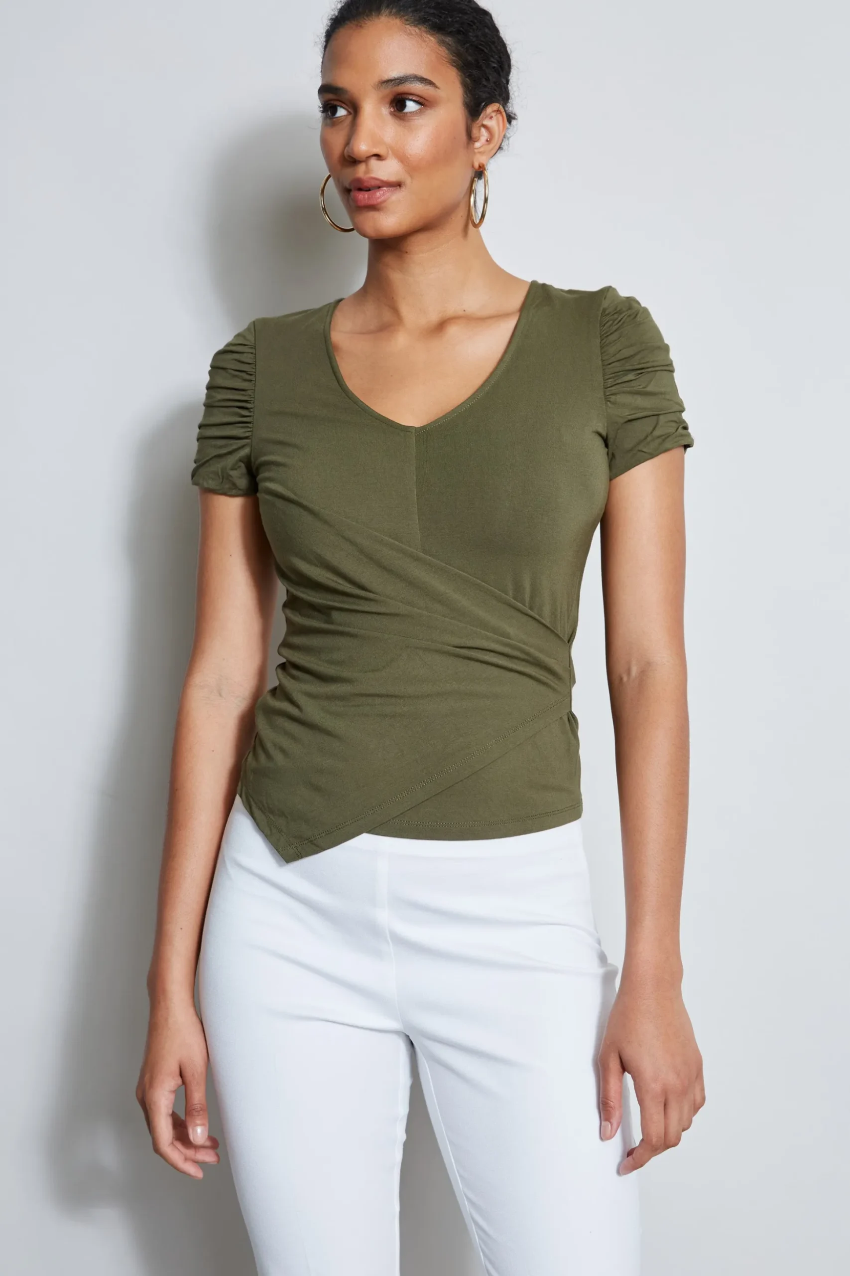 Elie Tahari Tops & Sweaters-Ruched Sleeve V-Neck Knit WILLOWGREEN
