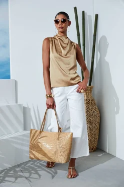 Elie Tahari Tops & Sweaters-Satin Draped Neck Top SANDCASTLE