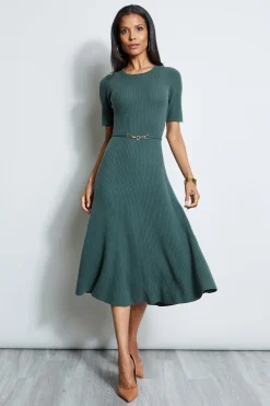 Elie Tahari Short Sleeve Dresses|Midi Dresses-Short Sleeve Cashmere Belted Dress JUNIPER