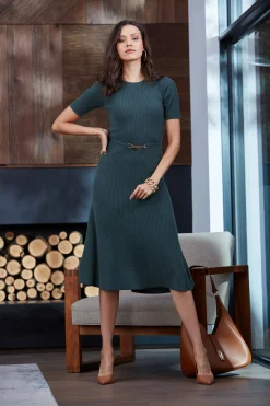 Elie Tahari Short Sleeve Dresses|Midi Dresses-Short Sleeve Cashmere Belted Dress JUNIPER