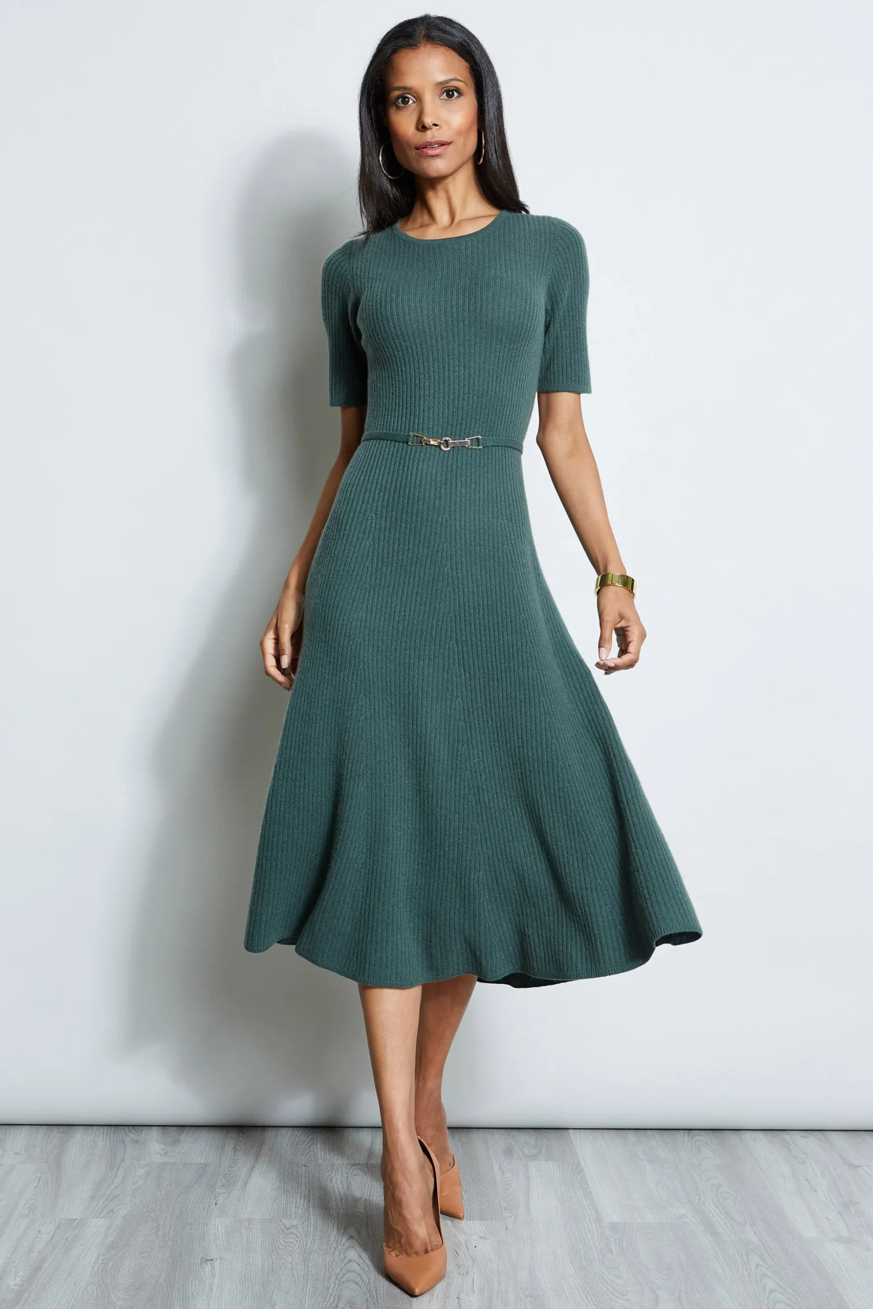 Elie Tahari Short Sleeve Dresses|Midi Dresses-Short Sleeve Cashmere Belted Dress JUNIPER
