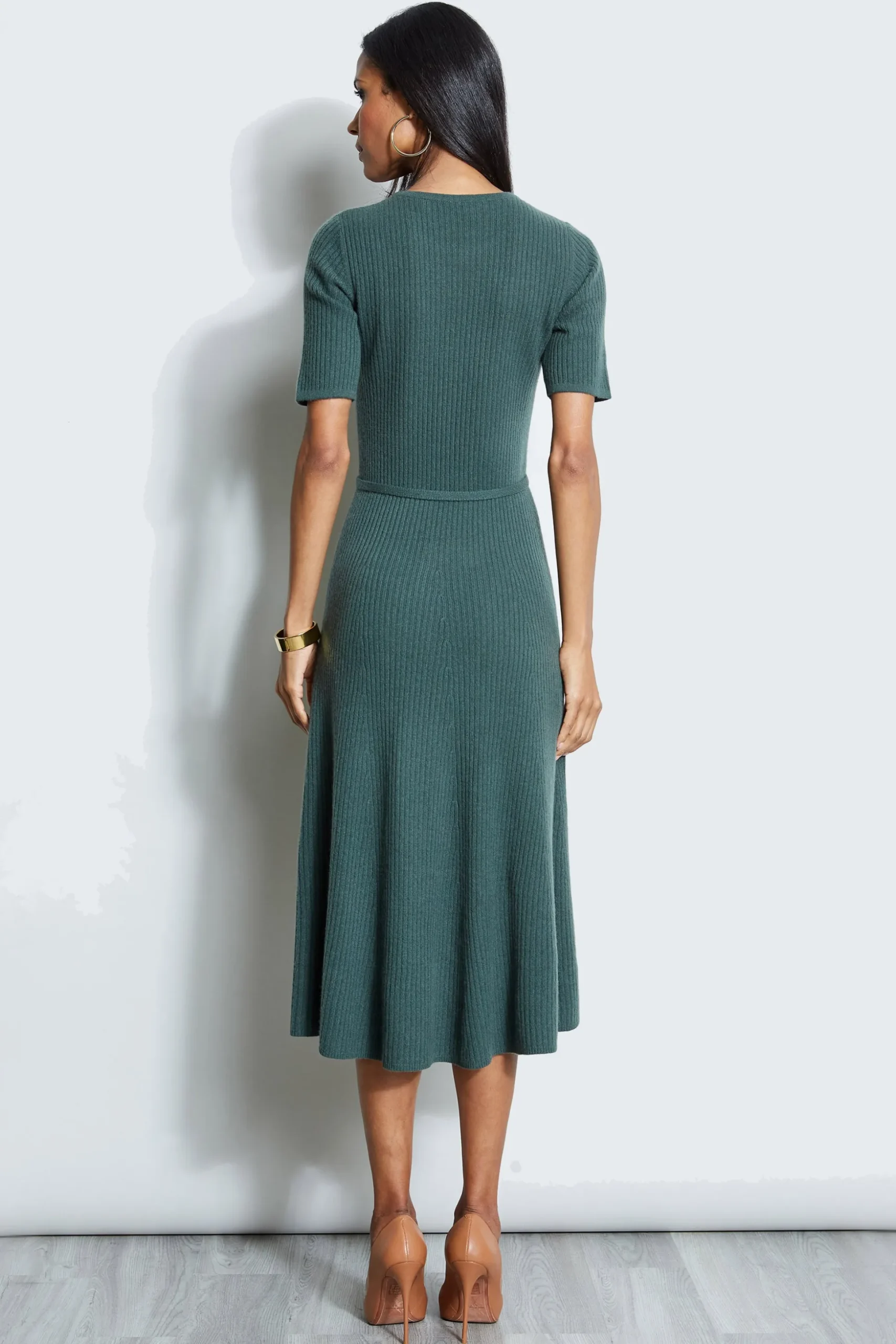 Elie Tahari Short Sleeve Dresses|Midi Dresses-Short Sleeve Cashmere Belted Dress JUNIPER