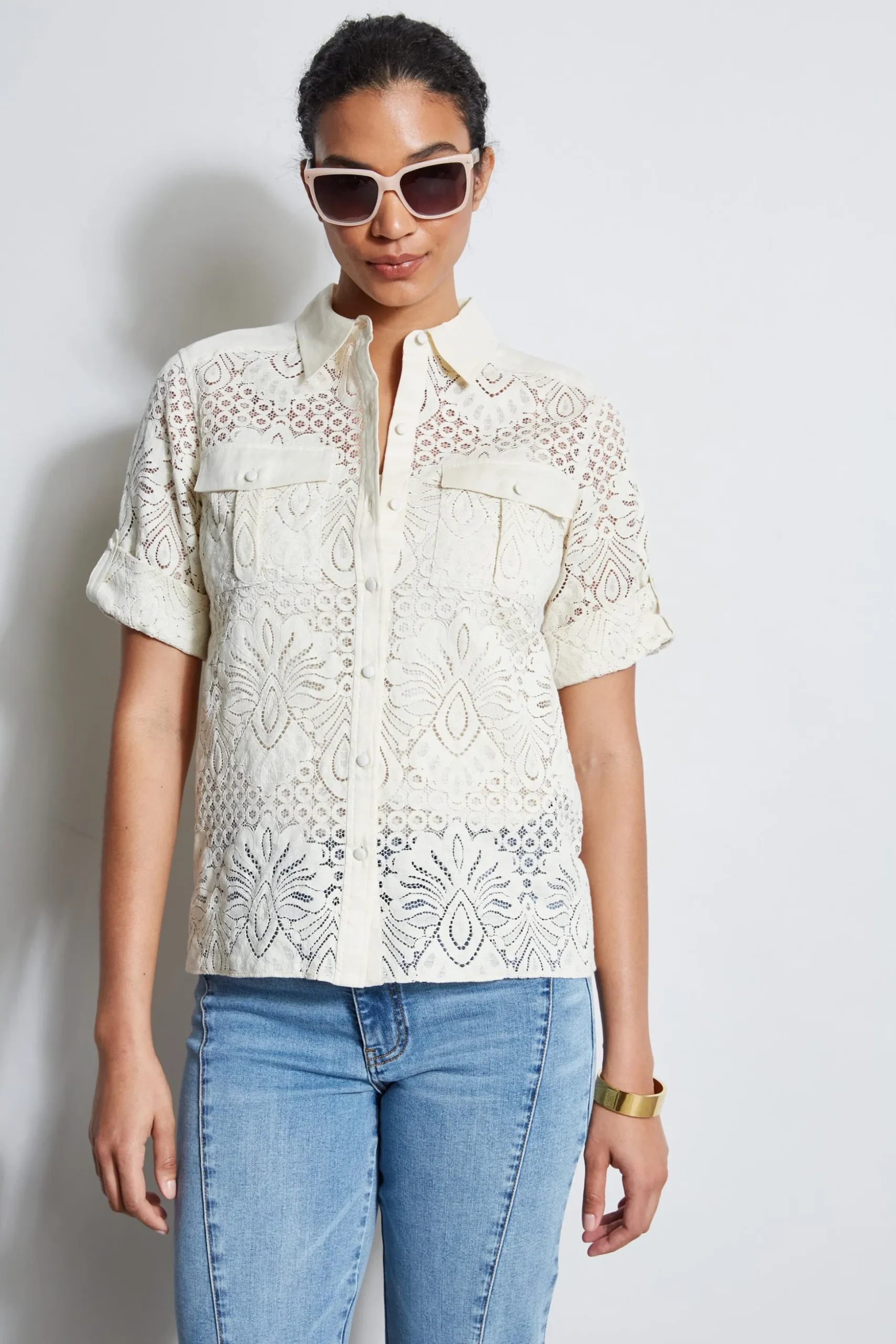 Elie Tahari Tops & Sweaters-Short Sleeve Lace Utility Shirt SAND