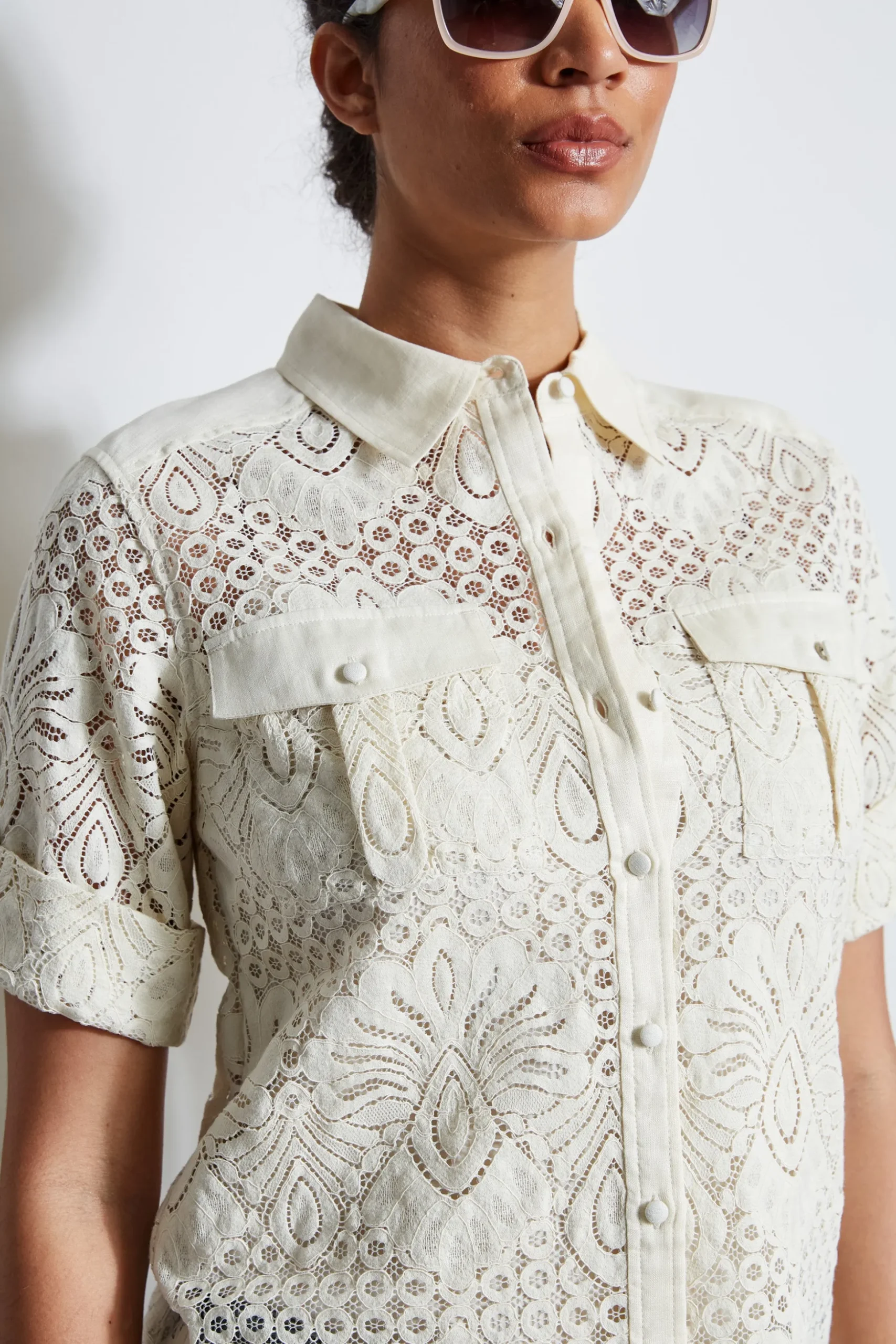 Elie Tahari Tops & Sweaters-Short Sleeve Lace Utility Shirt SAND