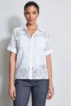 Elie Tahari Tops & Sweaters-Short Sleeve Lace Utility Shirt WHITE