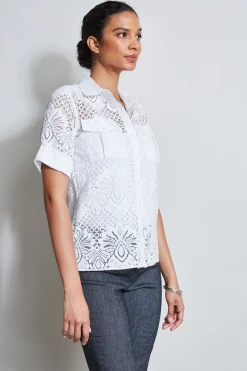 Elie Tahari Tops & Sweaters-Short Sleeve Lace Utility Shirt WHITE
