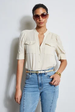 Elie Tahari Tops & Sweaters-Short Sleeve Silk Utility Shirt DRIFTWOOD