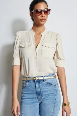 Elie Tahari Tops & Sweaters-Short Sleeve Silk Utility Shirt DRIFTWOOD