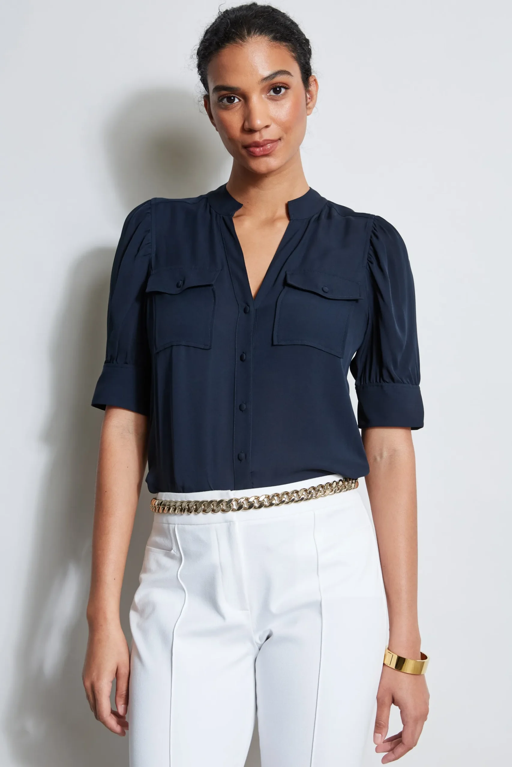 Elie Tahari Tops & Sweaters-Short Sleeve Silk Utility Shirt STARGAZER