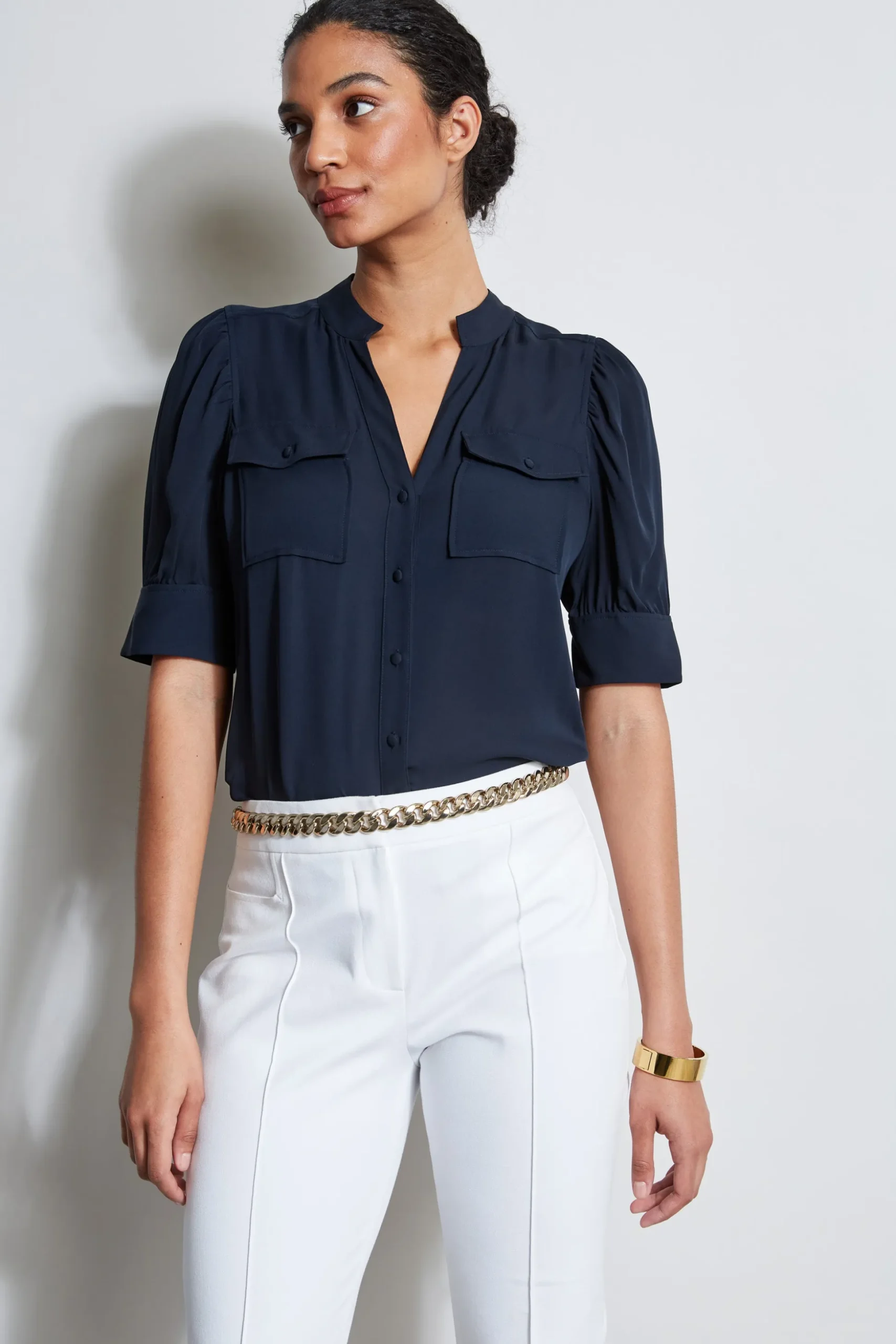 Elie Tahari Tops & Sweaters-Short Sleeve Silk Utility Shirt STARGAZER