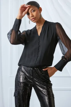 Elie Tahari Tops & Sweaters-Silk Blouson Button Shirt BLACK