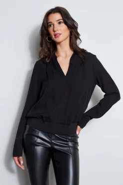 Elie Tahari Tops & Sweaters-Silk Contour Neck Rib Trim Shirt BLACK