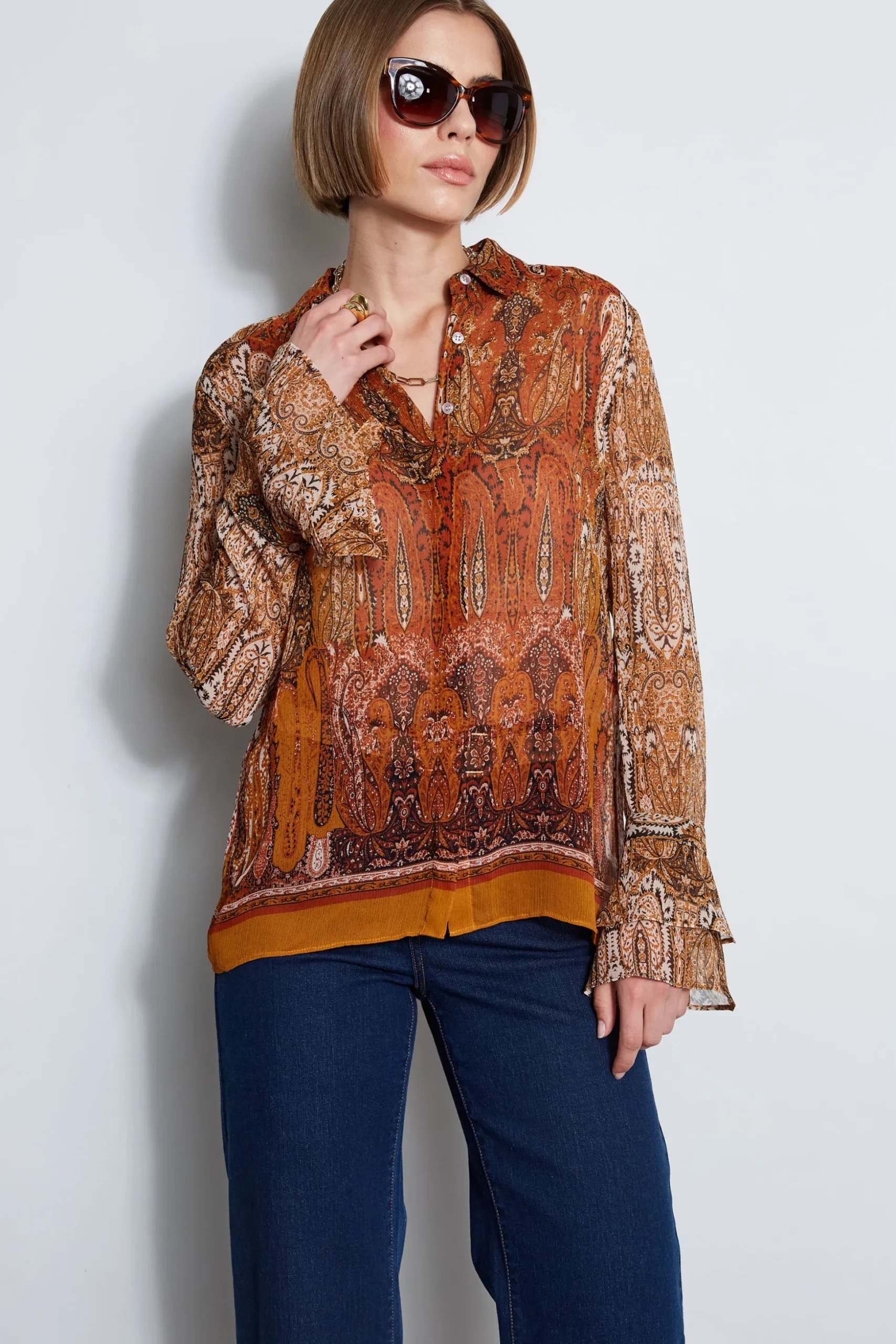 Elie Tahari Tops & Sweaters-Silk Crinkle Chiffon Raj Paisley Shirt MULTI