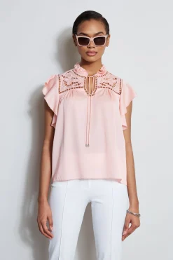 Elie Tahari Tops & Sweaters-Silk Embroidered Flutter Sleeve Shirt PINKFIZZ