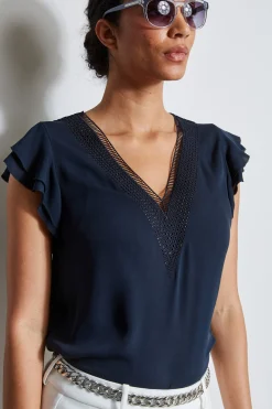 Elie Tahari Tops & Sweaters-Silk Flutter Sleeve Embroidered Shirt STARGAZER