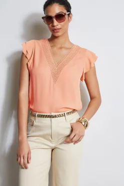 Elie Tahari Tops & Sweaters-Silk Flutter Sleeve Embroidered Shirt TANGERINE