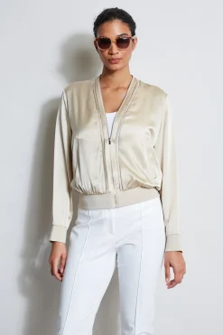 Elie Tahari Jackets & Blazers-Silk Satin Bomber Jacket DRIFTWOOD