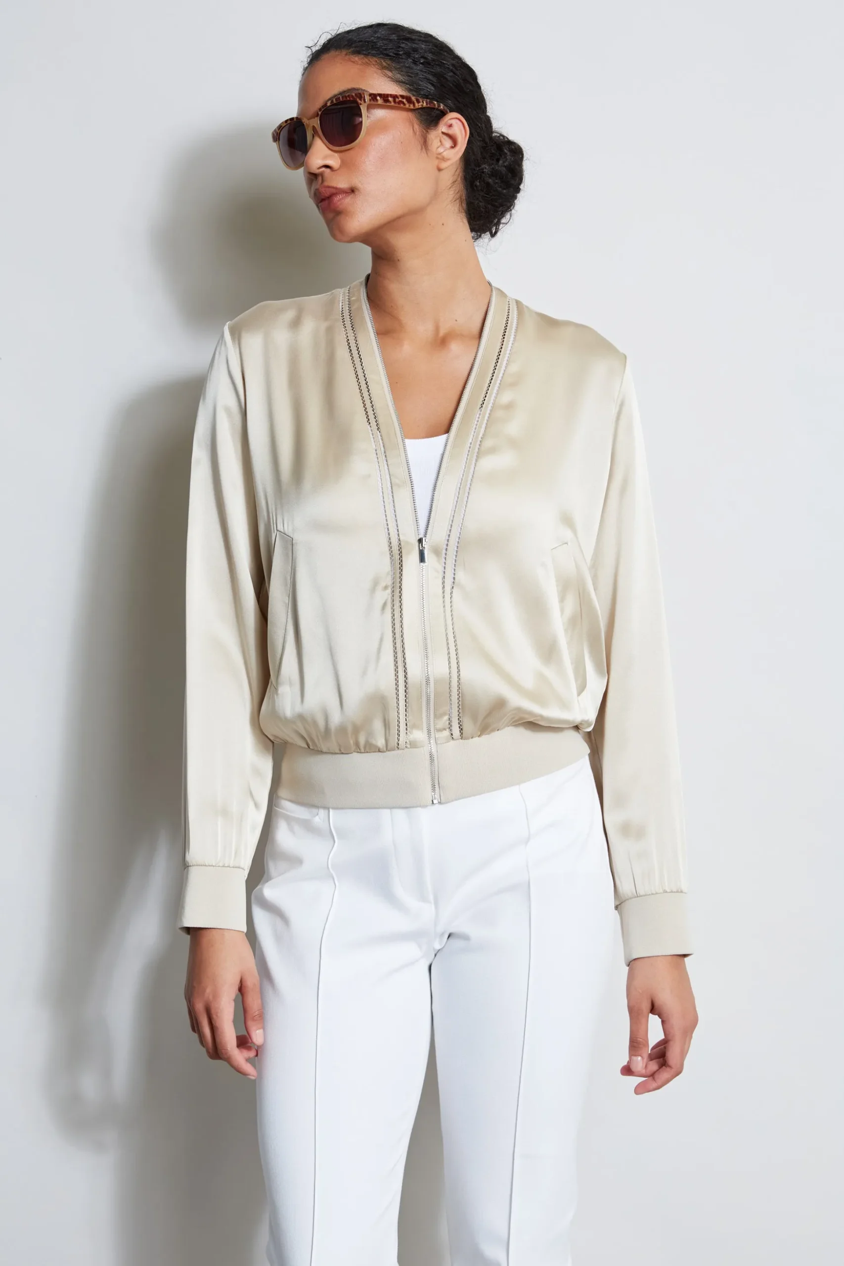 Elie Tahari Jackets & Blazers-Silk Satin Bomber Jacket DRIFTWOOD