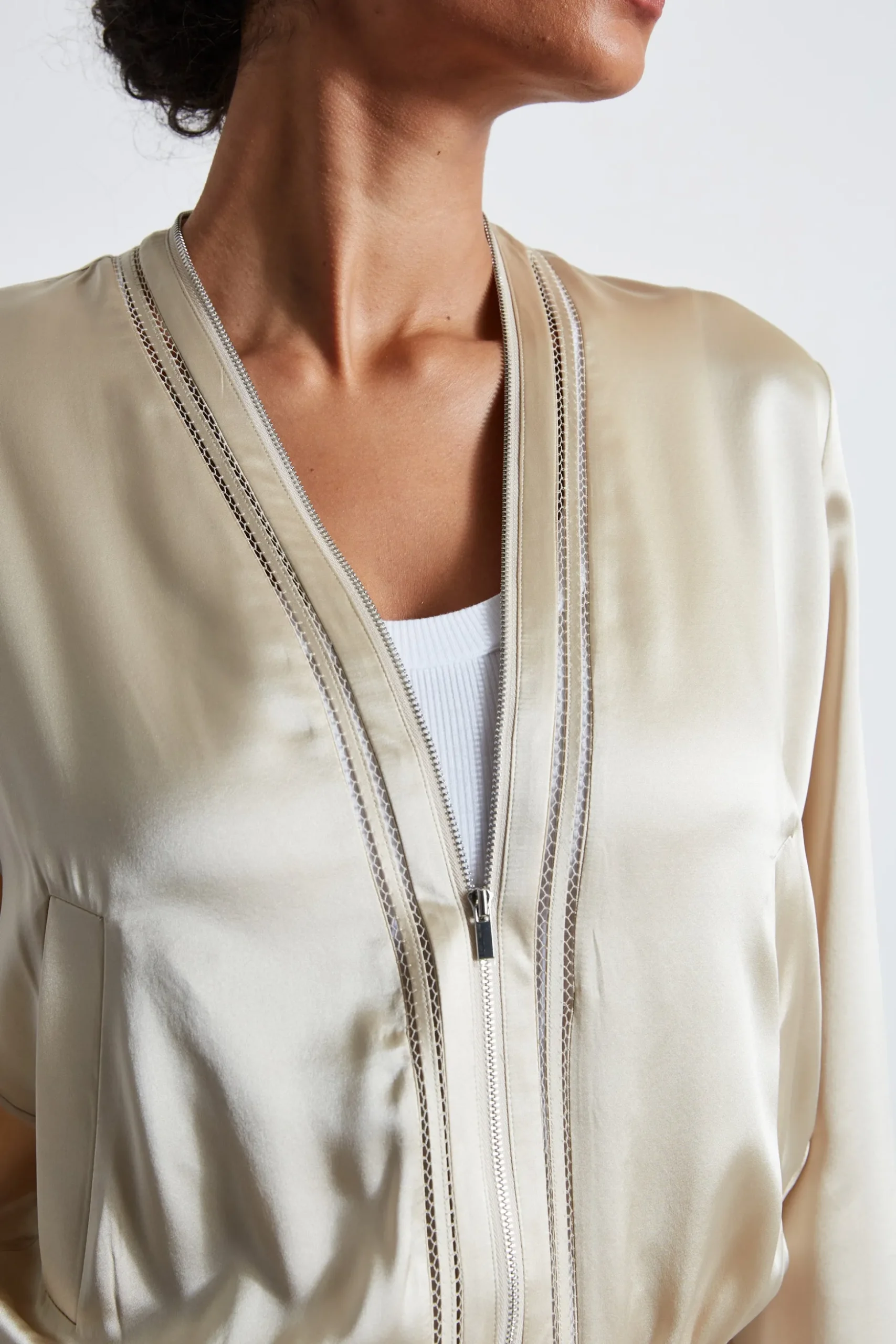 Elie Tahari Jackets & Blazers-Silk Satin Bomber Jacket DRIFTWOOD