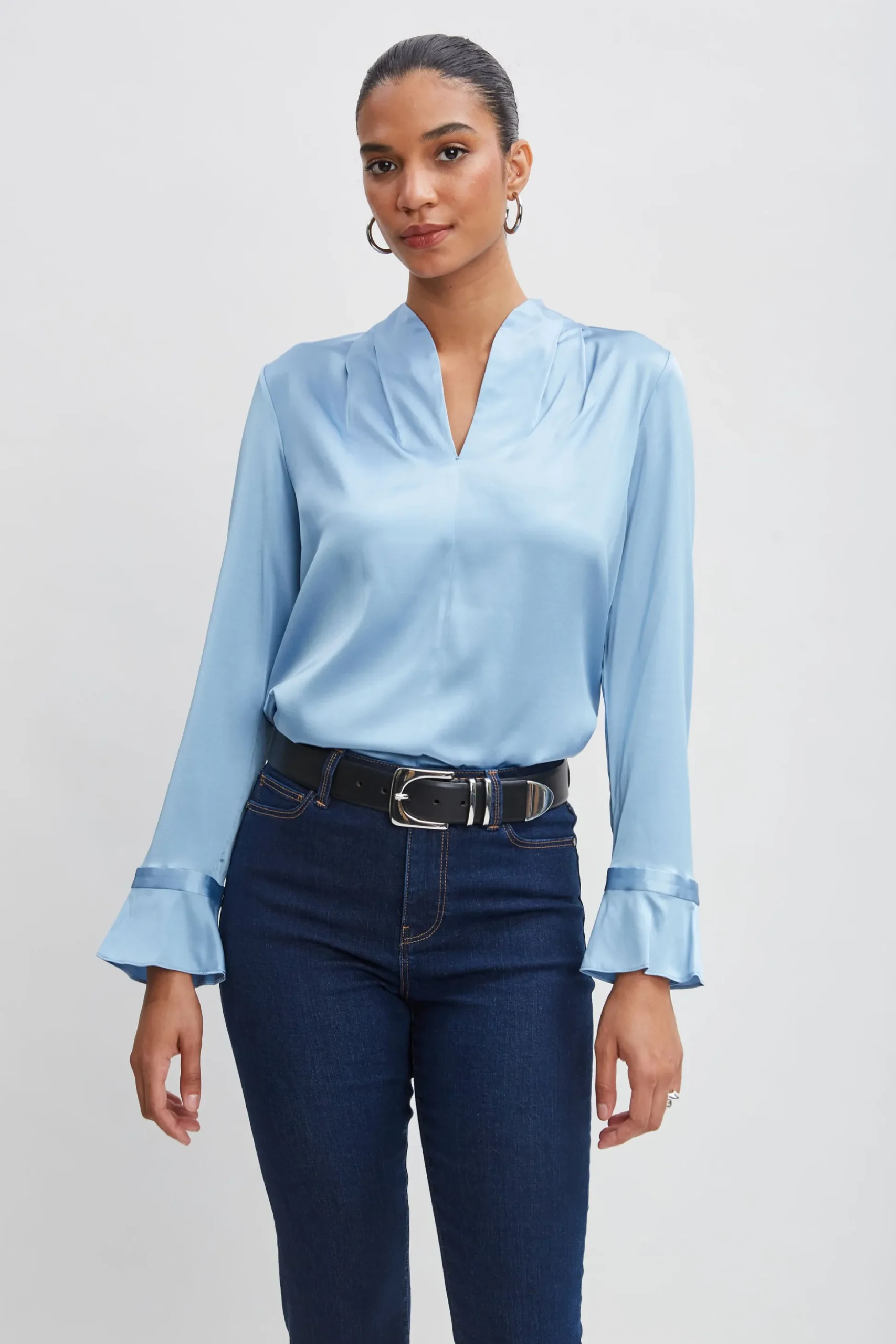 Elie Tahari Tops & Sweaters-Silk Satin Contour Neck Ruffle Cuff Shirt SKYBLUE