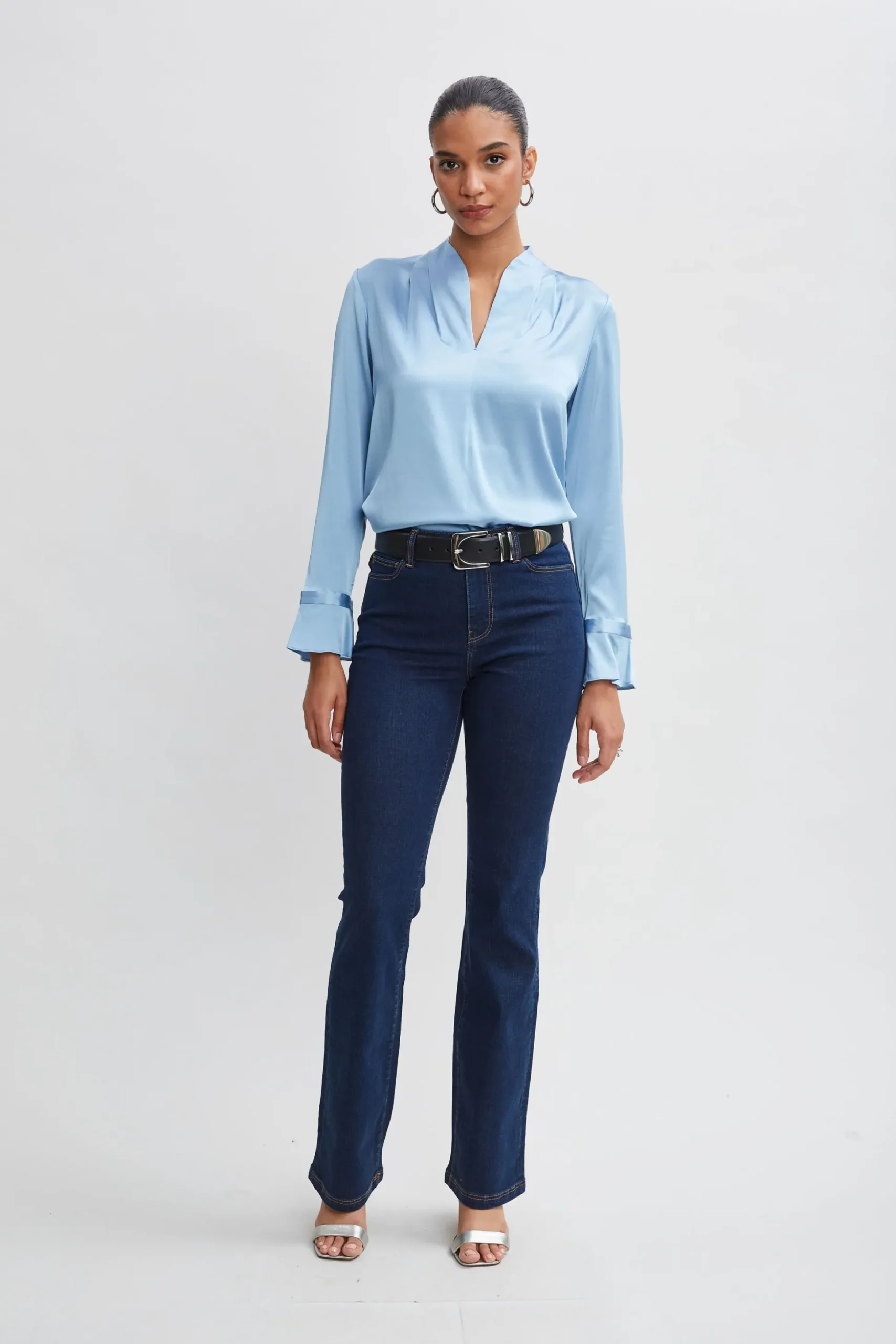 Elie Tahari Tops & Sweaters-Silk Satin Contour Neck Ruffle Cuff Shirt SKYBLUE