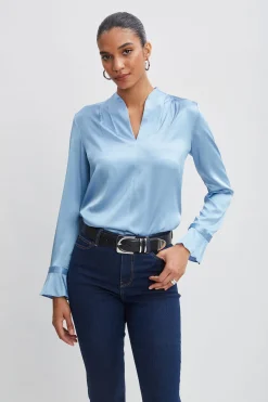 Elie Tahari Tops & Sweaters-Silk Satin Contour Neck Ruffle Cuff Shirt SKYBLUE