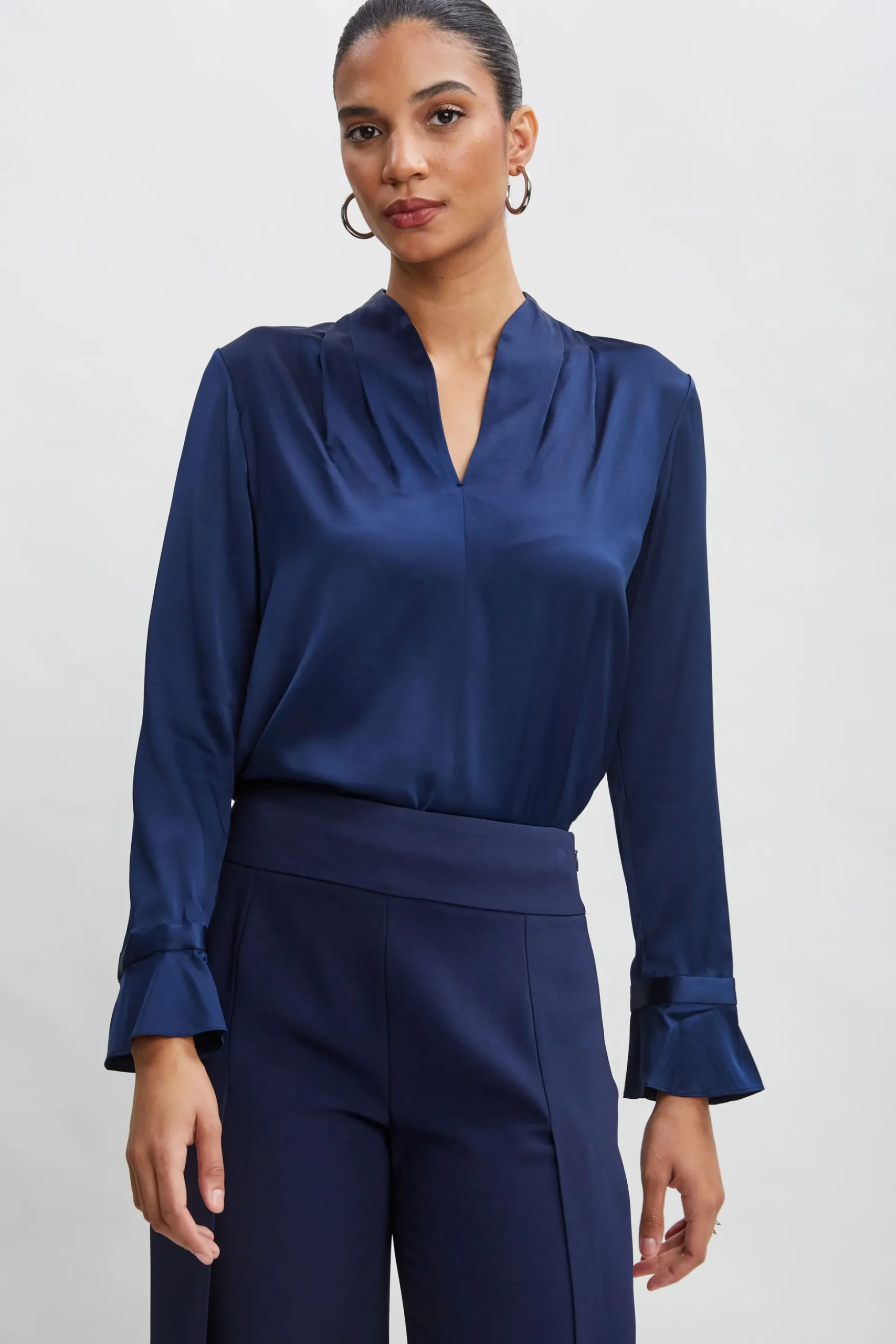 Elie Tahari Tops & Sweaters-Silk Satin Contour Neck Ruffle Cuff Shirt MIDNIGHT