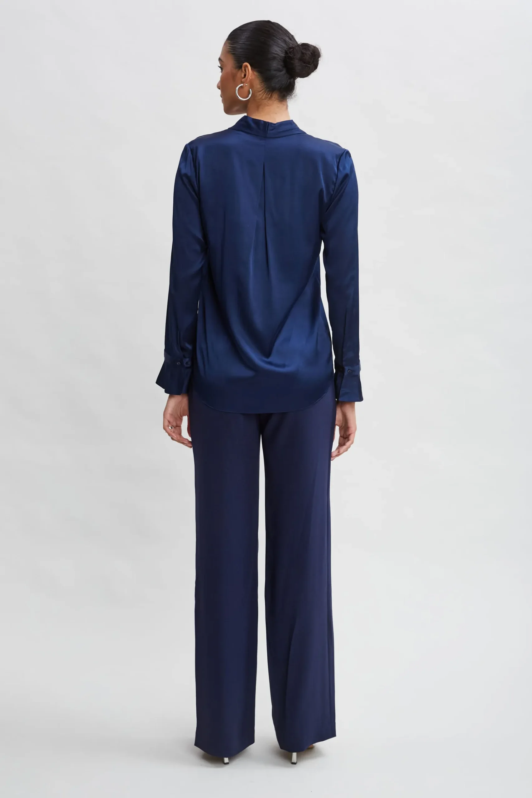 Elie Tahari Tops & Sweaters-Silk Satin Contour Neck Ruffle Cuff Shirt MIDNIGHT