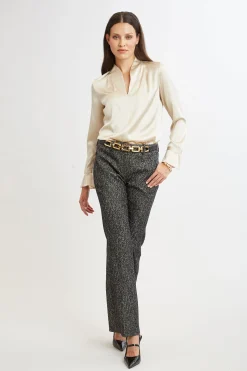 Elie Tahari Tops & Sweaters|Suiting-Silk Satin Contour Neck Ruffle Cuff Shirt DRIFTWOOD