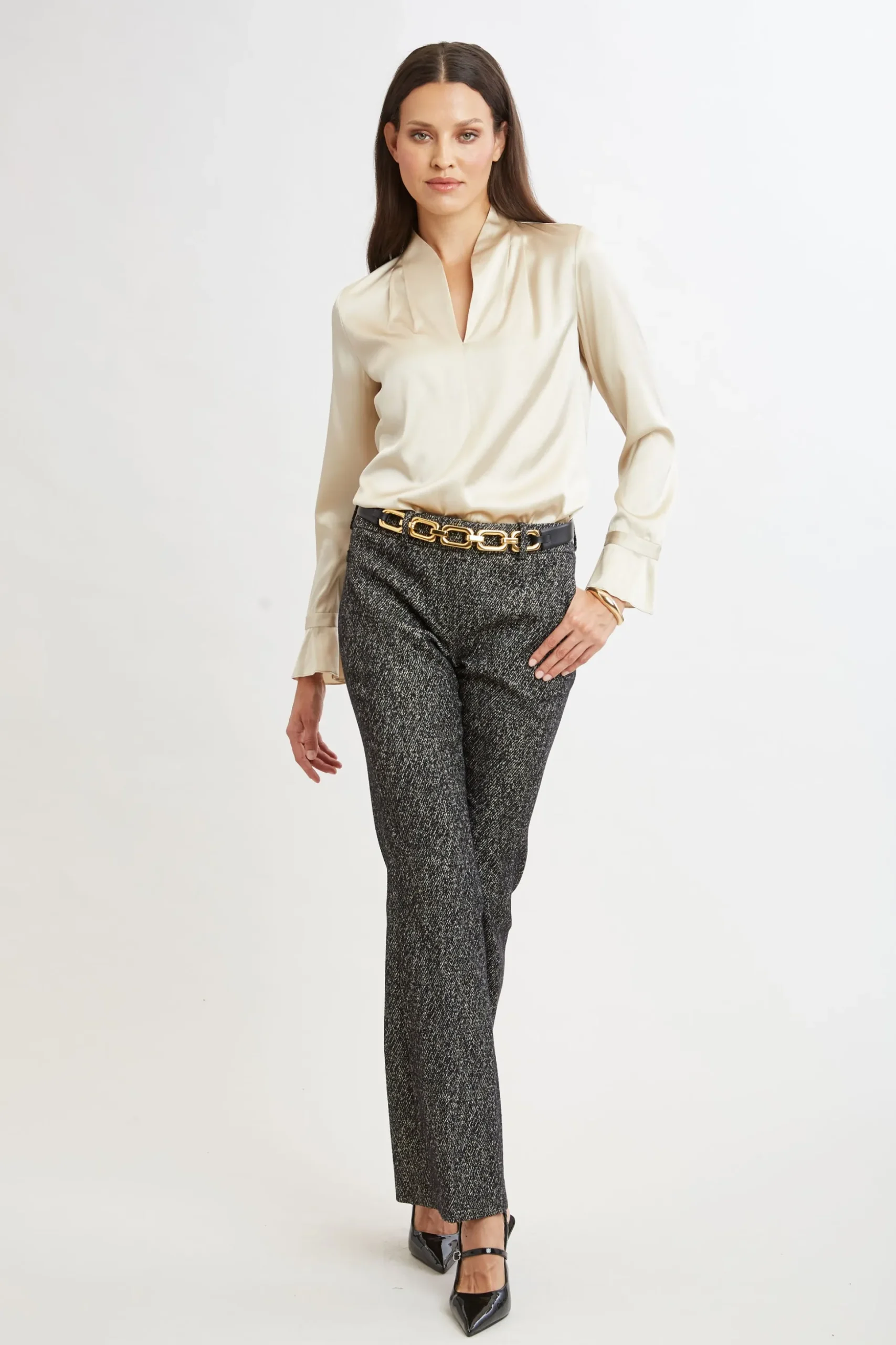 Elie Tahari Tops & Sweaters|Suiting-Silk Satin Contour Neck Ruffle Cuff Shirt DRIFTWOOD