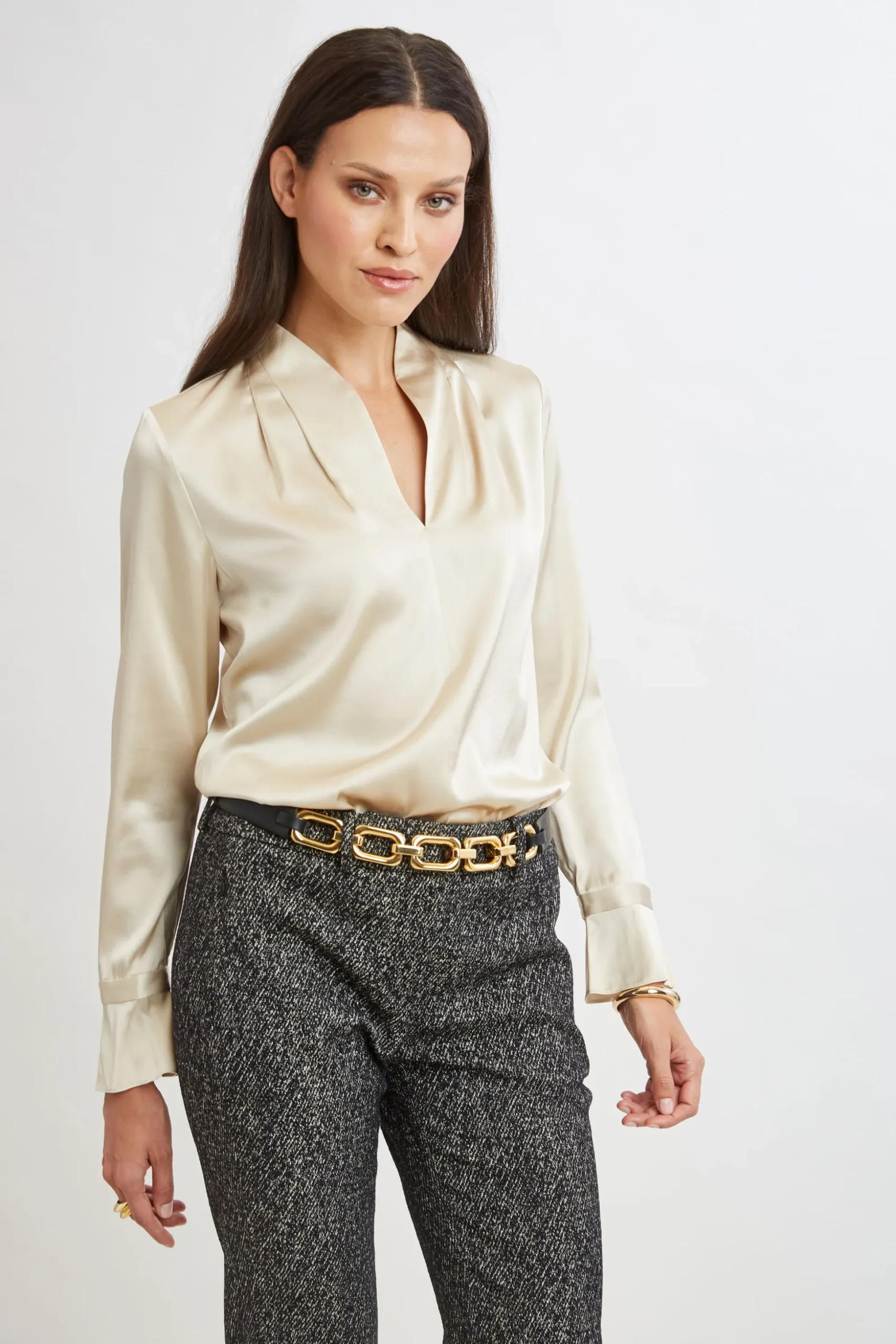 Elie Tahari Tops & Sweaters|Suiting-Silk Satin Contour Neck Ruffle Cuff Shirt DRIFTWOOD
