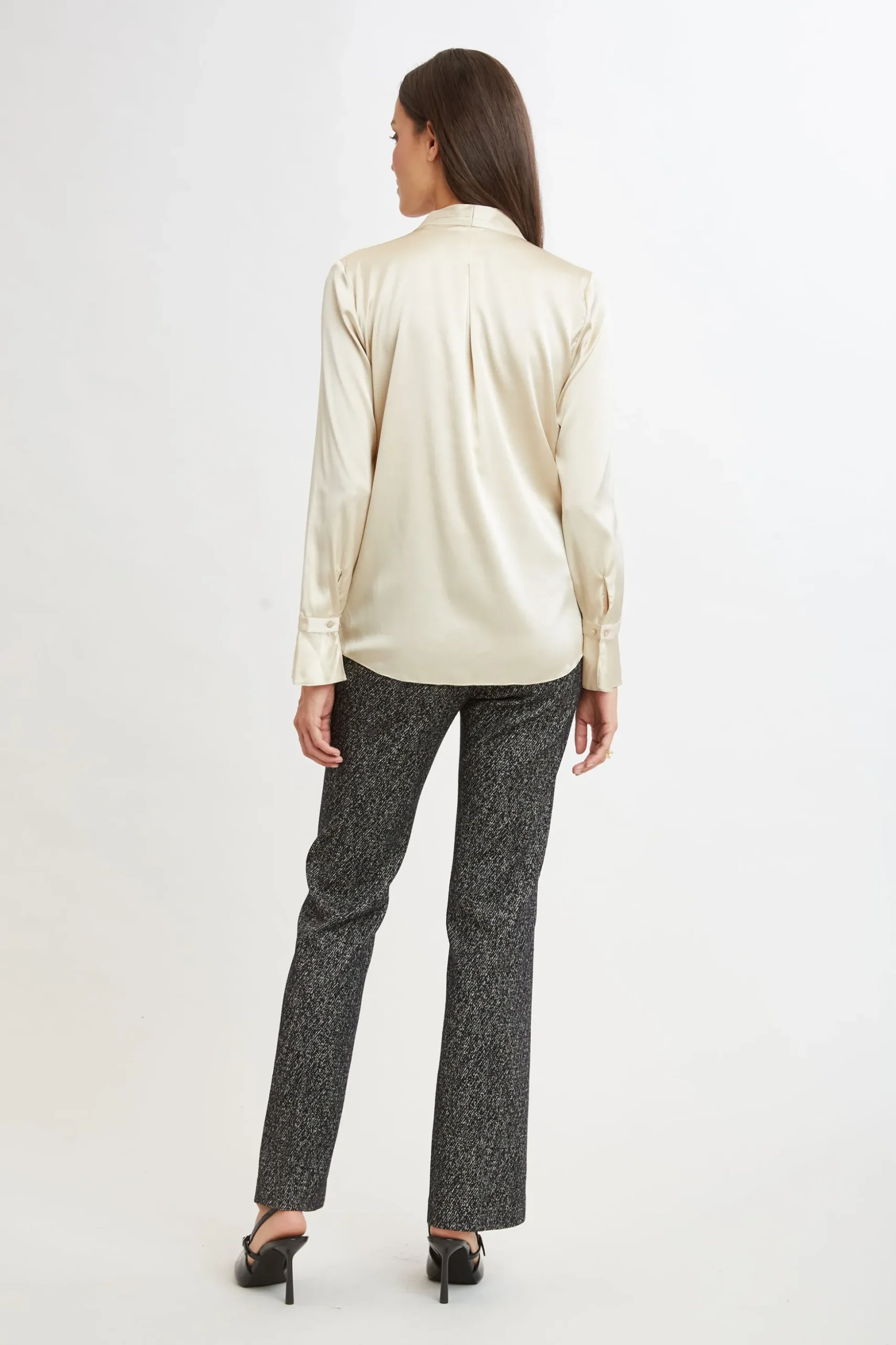 Elie Tahari Tops & Sweaters|Suiting-Silk Satin Contour Neck Ruffle Cuff Shirt DRIFTWOOD