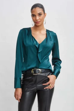 Elie Tahari Tops & Sweaters-Silk Satin Contour Ruffle Shirt FORESTGREEN