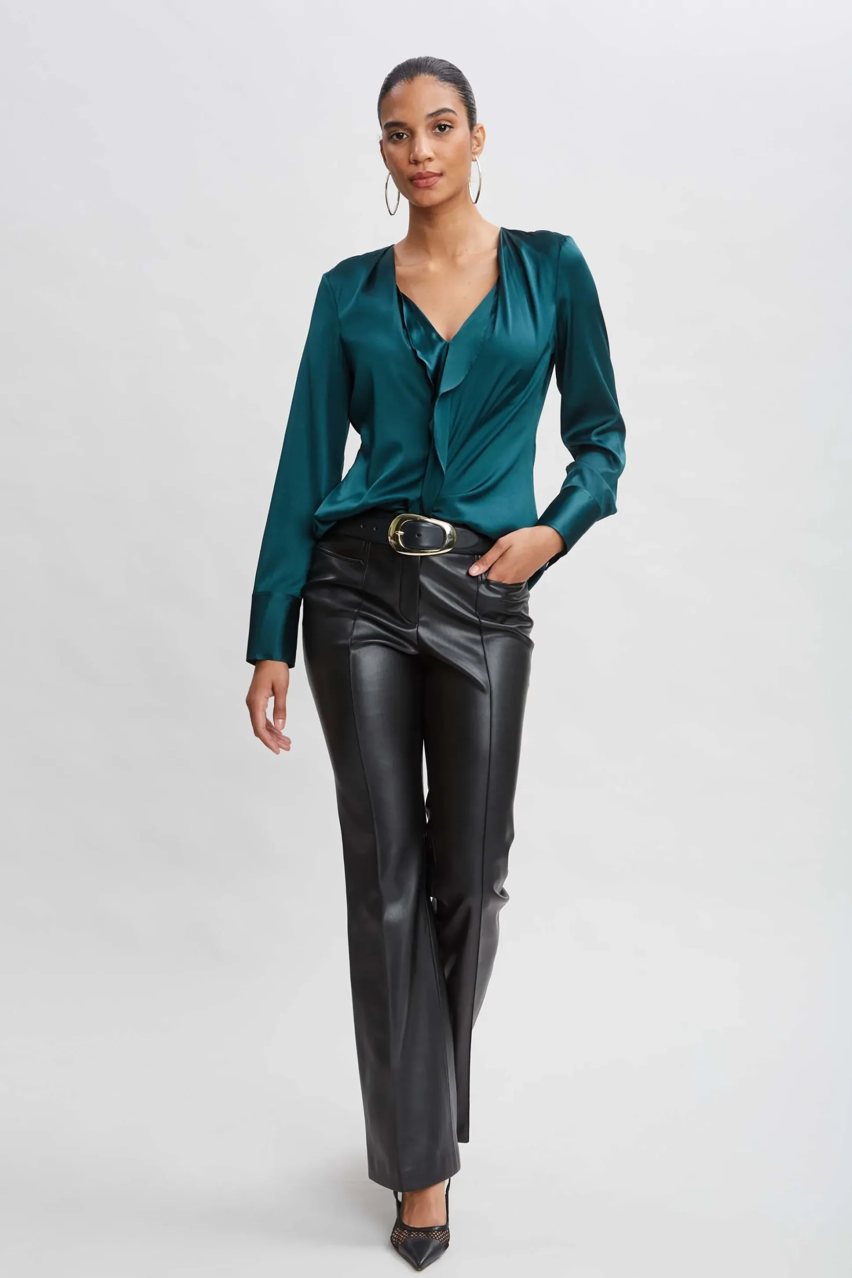 Elie Tahari Tops & Sweaters-Silk Satin Contour Ruffle Shirt FORESTGREEN