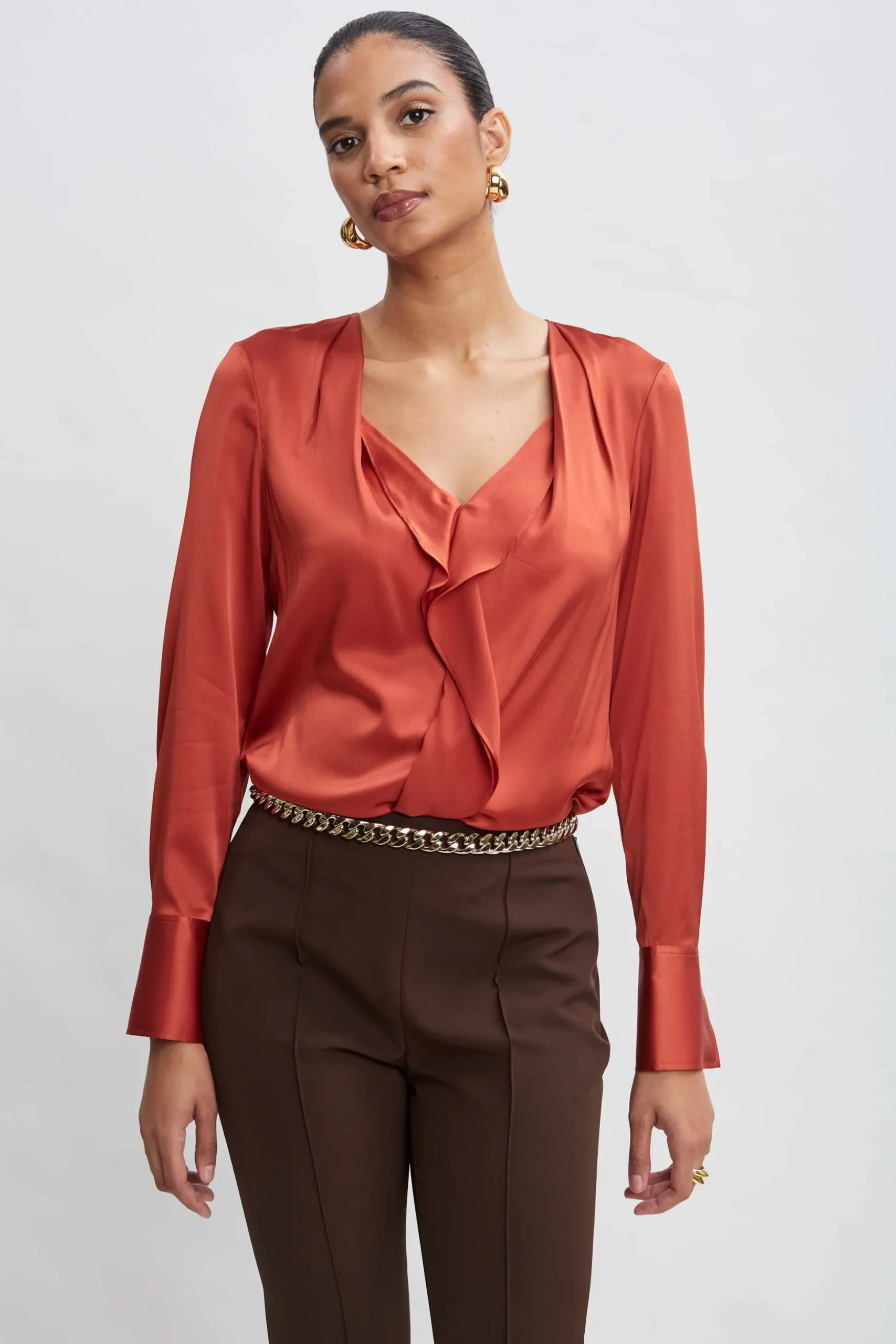 Elie Tahari Tops & Sweaters|Suiting-Silk Satin Contour Ruffle Shirt RUSSET