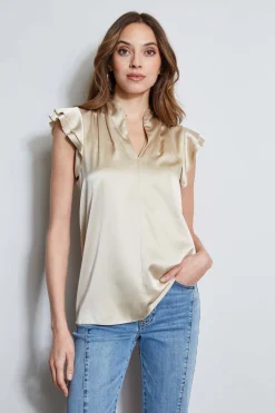 Elie Tahari Tops & Sweaters-Silk Satin Flutter Sleeve Shirt DRIFTWOOD