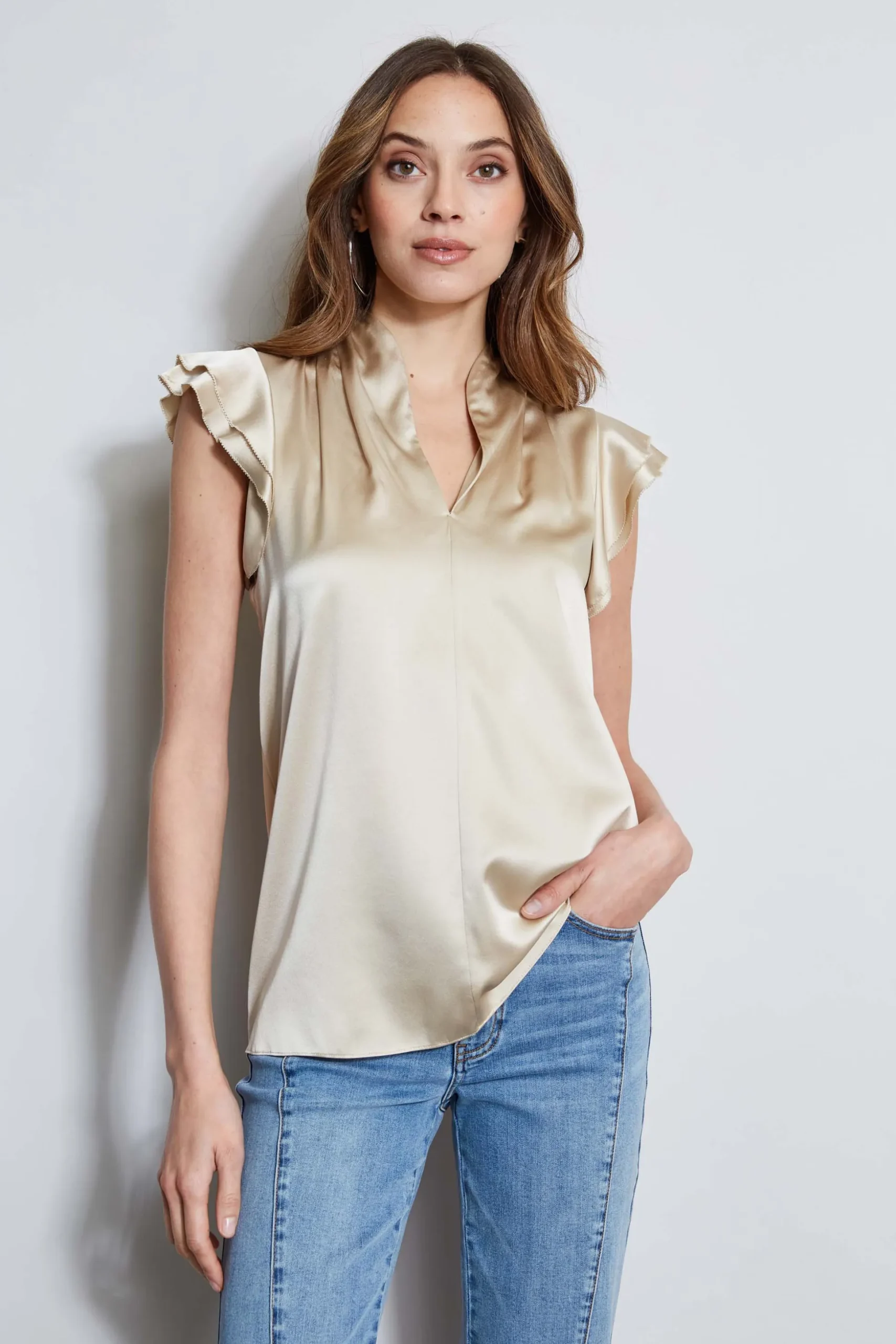 Elie Tahari Tops & Sweaters-Silk Satin Flutter Sleeve Shirt DRIFTWOOD