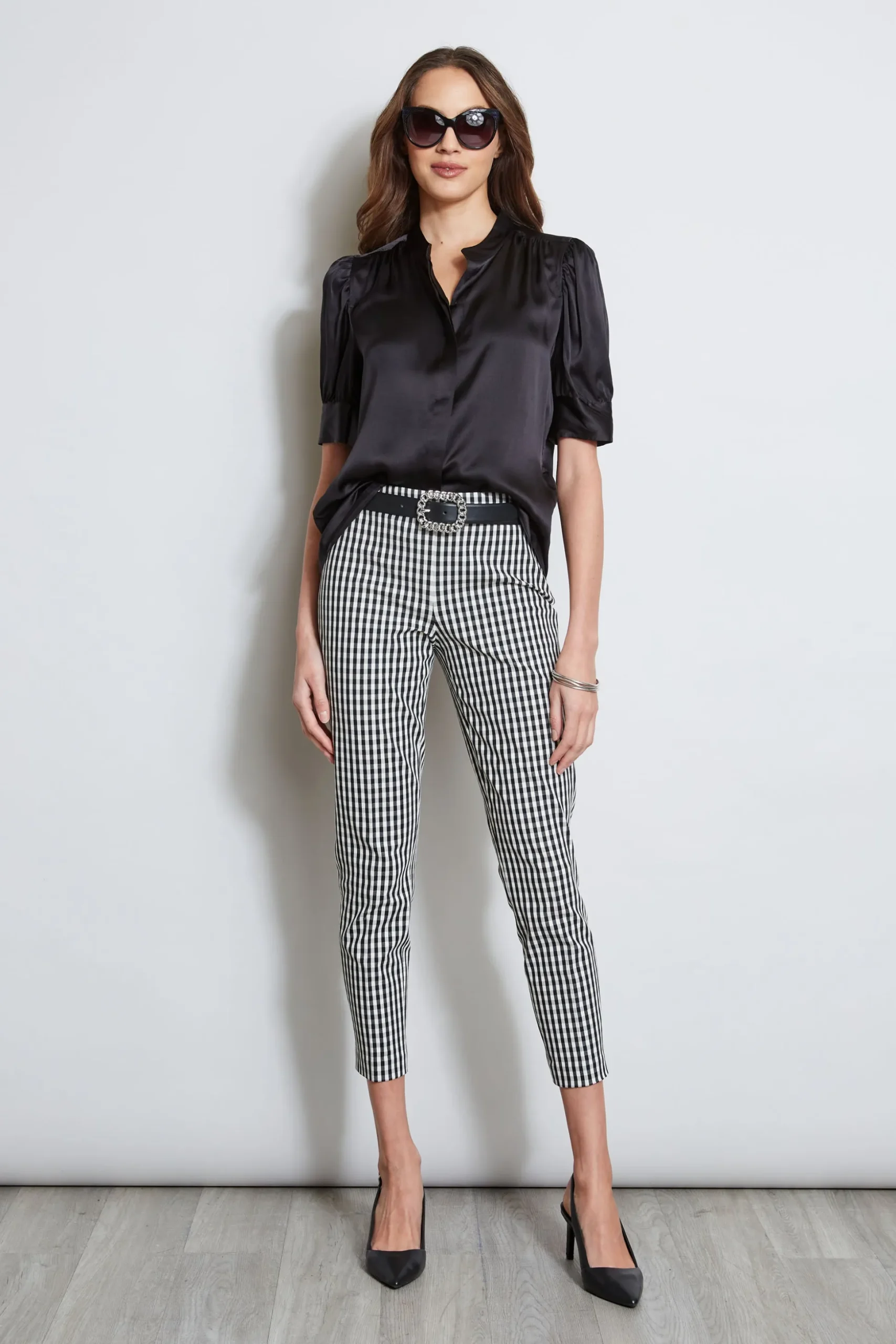Elie Tahari Tops & Sweaters-Silk Satin Ruched Sleeve Shirt BLACK