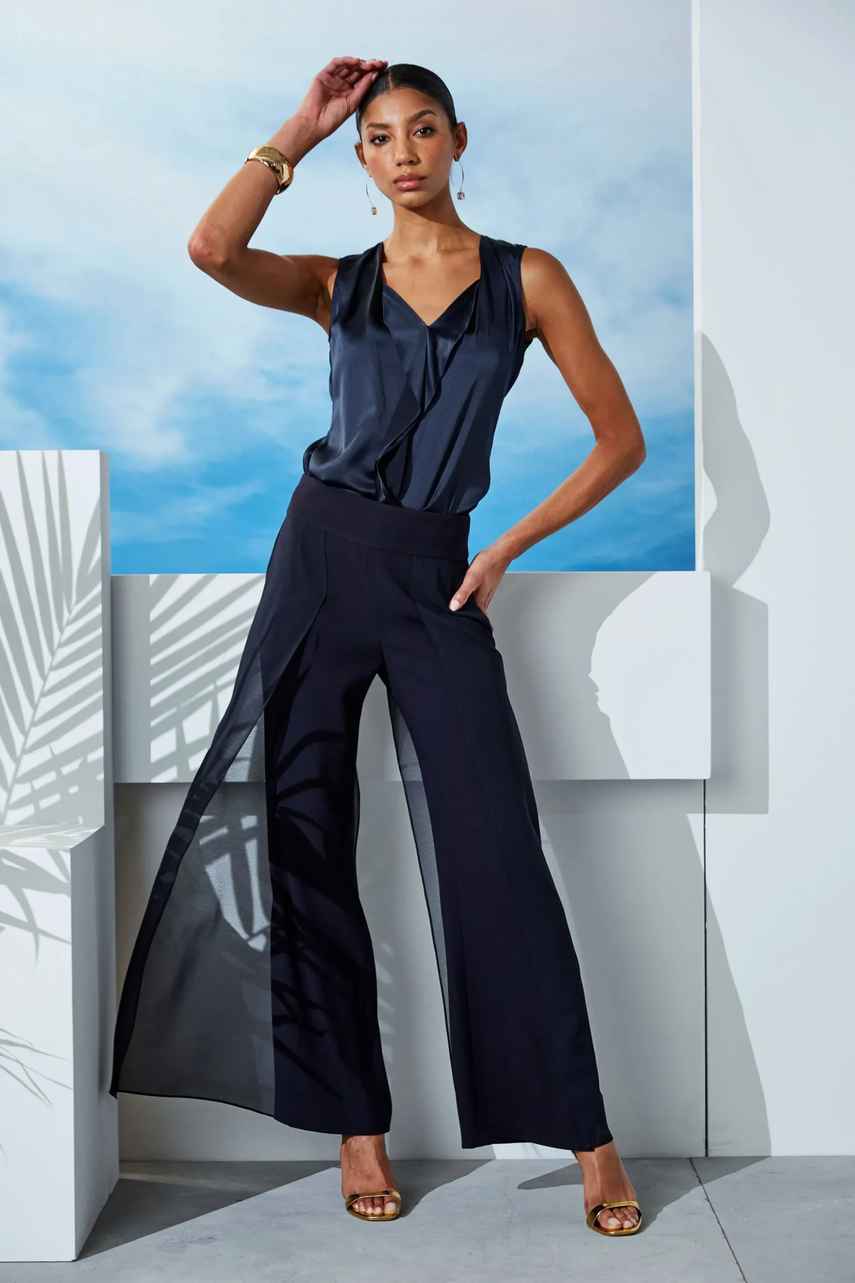 Elie Tahari Tops & Sweaters-Silk Satin Sleeveless Cascade Shirt STARGAZER