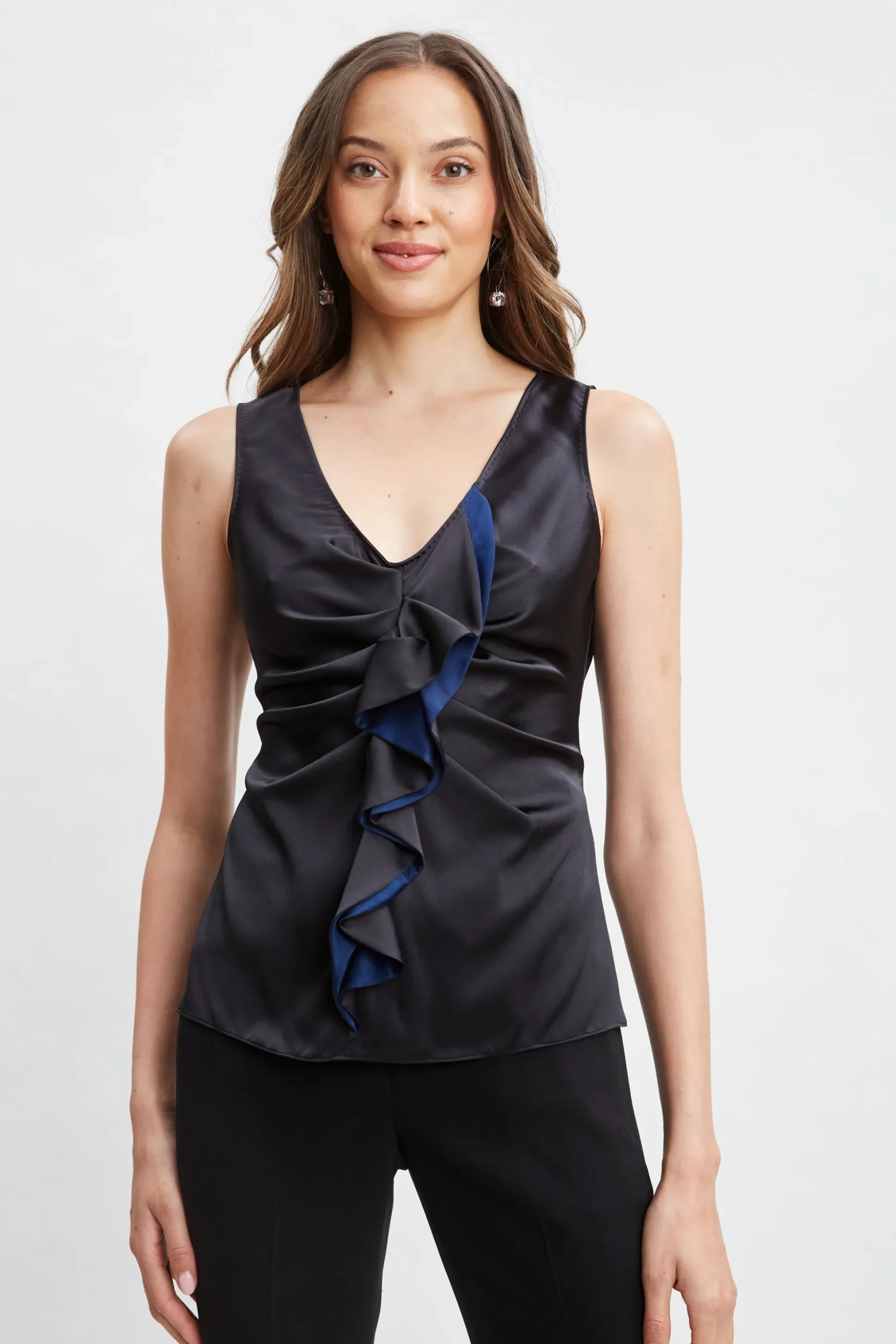 Elie Tahari Tops & Sweaters-Silk Satin Sleeveless Ruffle Top BLACK